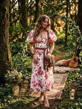 Abercrombie & Fitch Drama Puff Sleeve Maxi Dress in a vibrant red & pink floral